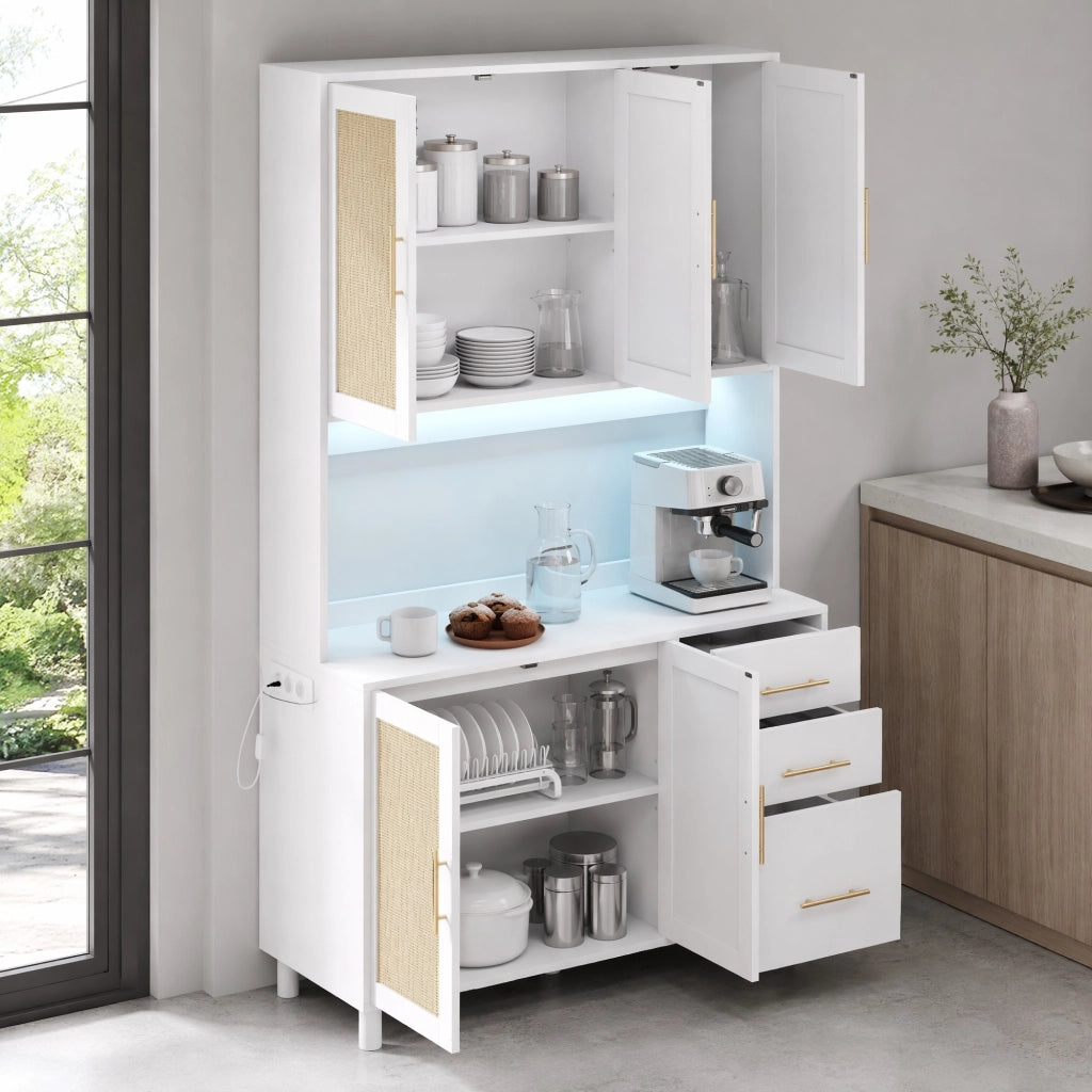 Credenza da cucina con LED controllabili da app; prese USB e 2 prese elettriche; 100x40x183 cm; MDF bianco