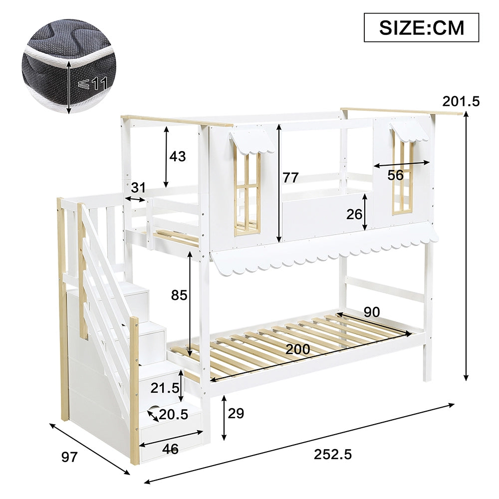 Letto a castello decorabile - Xylo - 90x200cm bianco/naturale, finestre