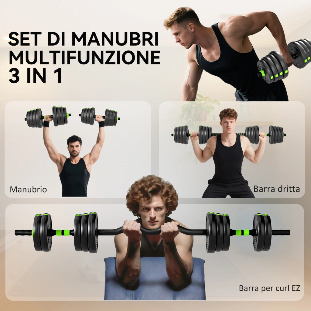 Set Bilanciere con Pesi 3 in 1 ¨C Xylo ¨C 16 Dischi, Impugnatura Antiscivolo, 140x22x22 cm, Verde