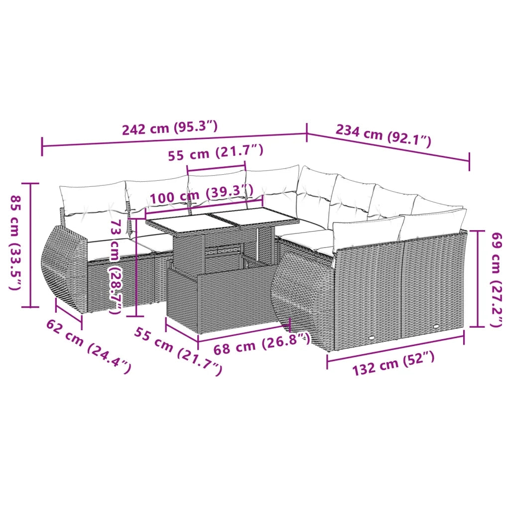 Set Divano da Giardino 9 pz con Cuscini Beige in Polyrattan 3268429