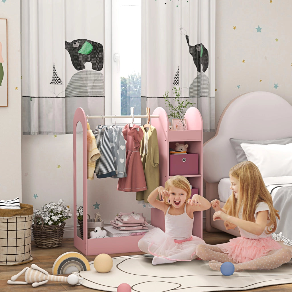Armadio Bambini con Appendiabiti, Ripiani e Specchio ¨C Minimal ¨C Legno, Rosa