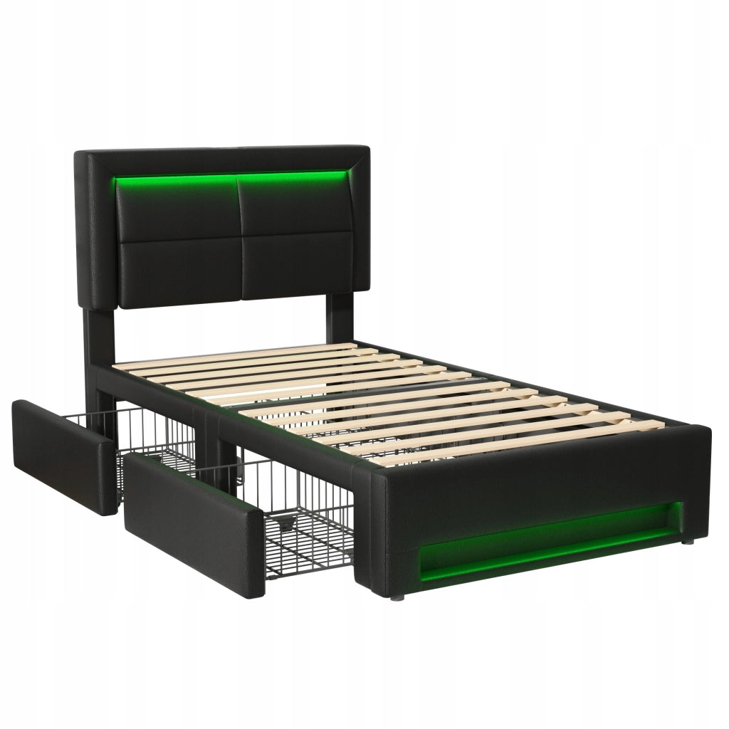 Letto imbottito con USB, LED, 4 cassetti - Xylo - 90x200 - Nero