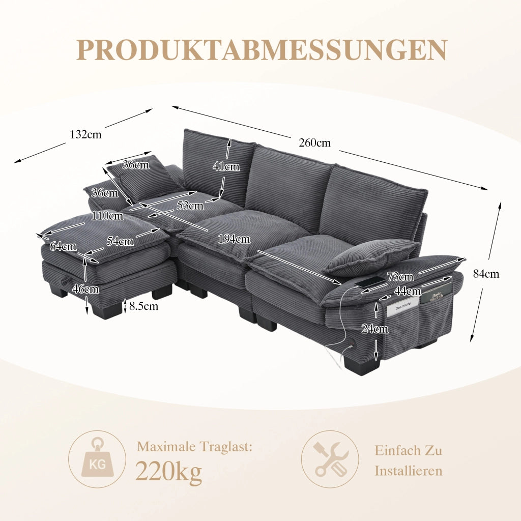 Divano 3 Posti con Poggiapiedi in Tessuto ¨C MINIMAL ¨C Grigio Scuro