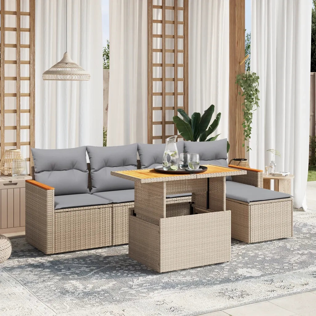 Set Divano da Giardino 6 pz con Cuscini Beige in Polyrattan