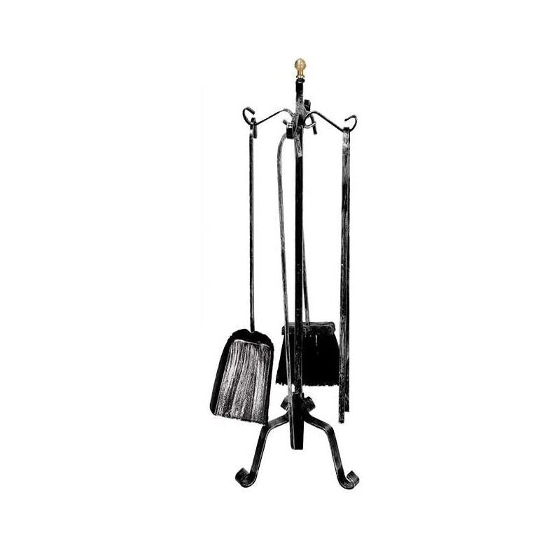 SET DI ATTREZZI PER CAMINO CON BRUCIALEGNA ,4 UTENSILI E STAND CON POMELLI ORO USATO COME NUOVO