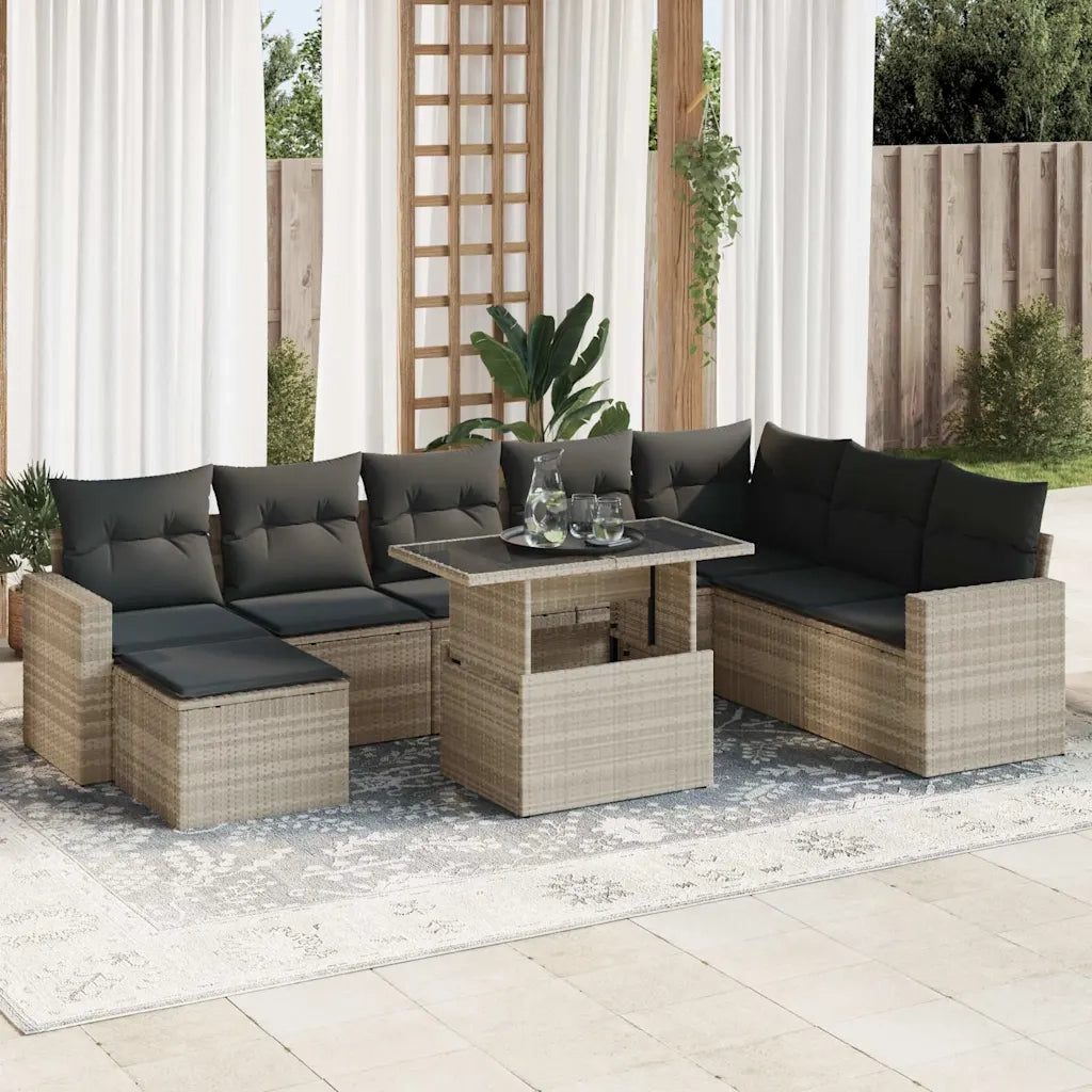 Set Divano da Giardino 9pz con Cuscini Grigio Chiaro Polyrattan 3326373