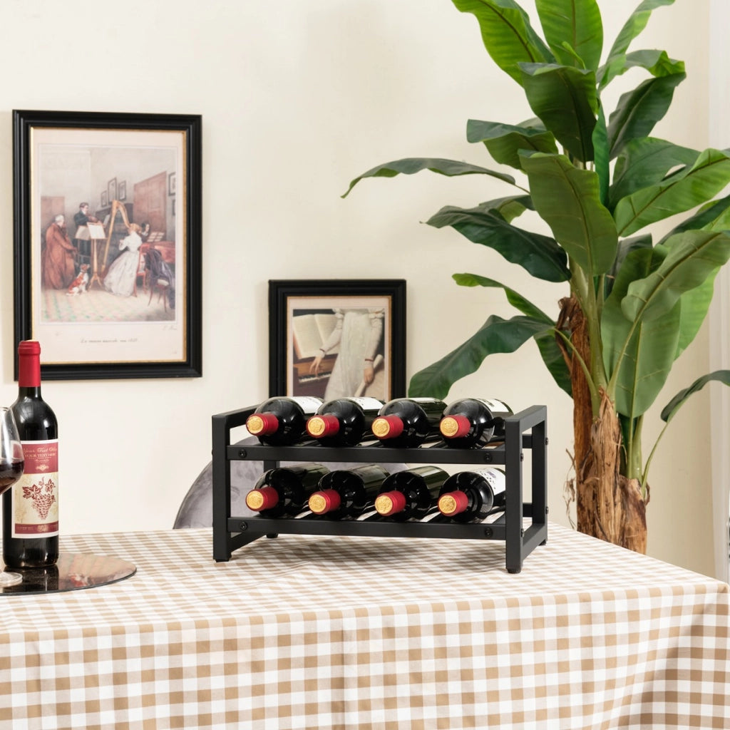 Portabottiglie a 2 livelli per 8 vini con piedini regolabili superficie antiruggine, Portabottiglie da tavolo Nero-Portabottiglie