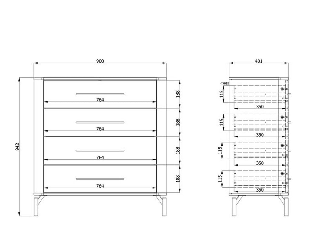 Mogoro, Cassettiera 4 Cassetti, 90x40x94h cm Bianco