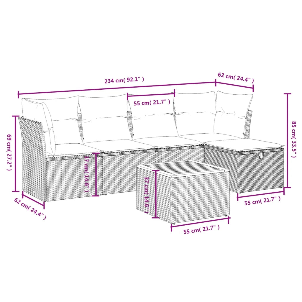 Set Divano da Giardino 6 pz con Cuscini Nero in Polyrattan 3264710