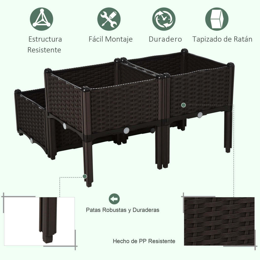 Set 4 Fioriere Quadrate da Giardino ¨C Xylo ¨C Effetto Rattan Marrone 40x40x26/44 cm