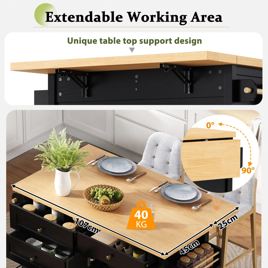 Isola Cucina Mobile con Tavolo Allungabile e Cassetti ¨C MINIMAL ¨C Nero