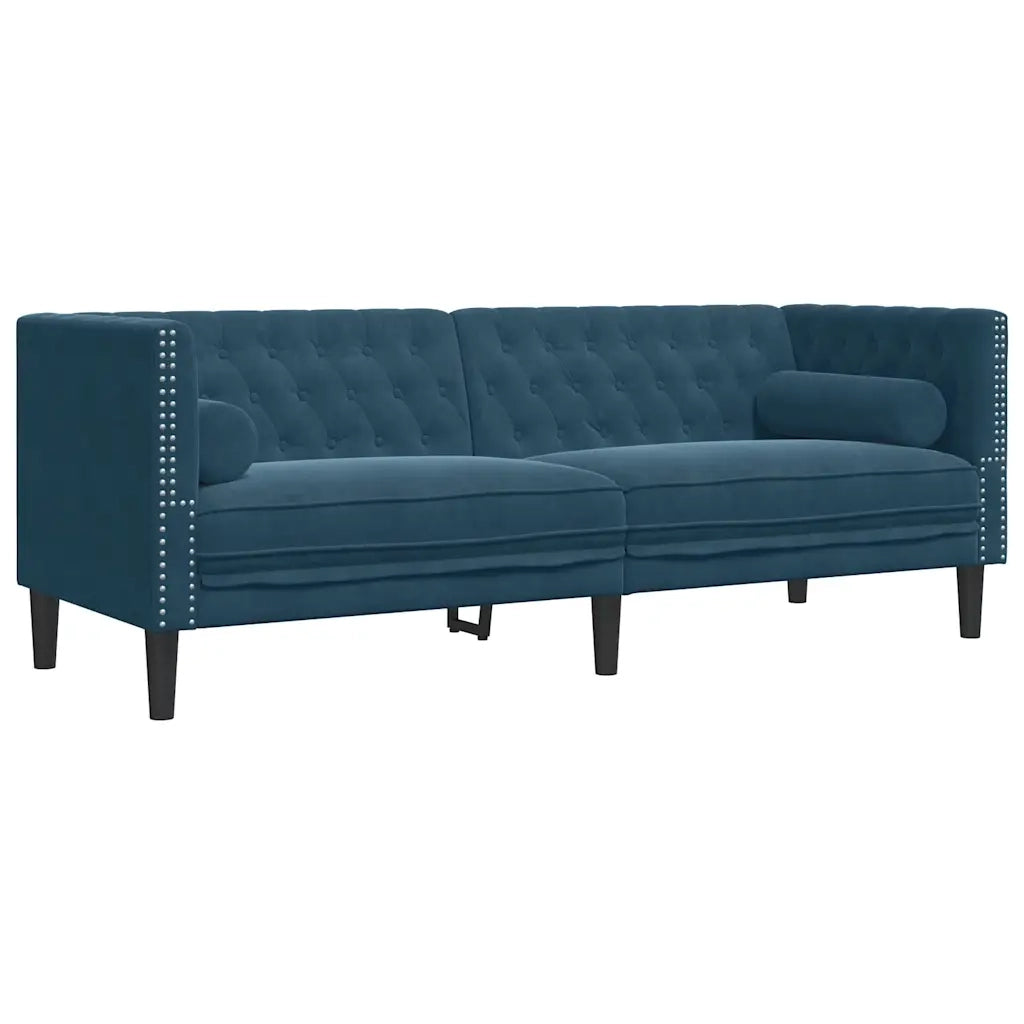 Divano Chesterfield con Rinforzi 3 Posti Blu in Velluto 372701