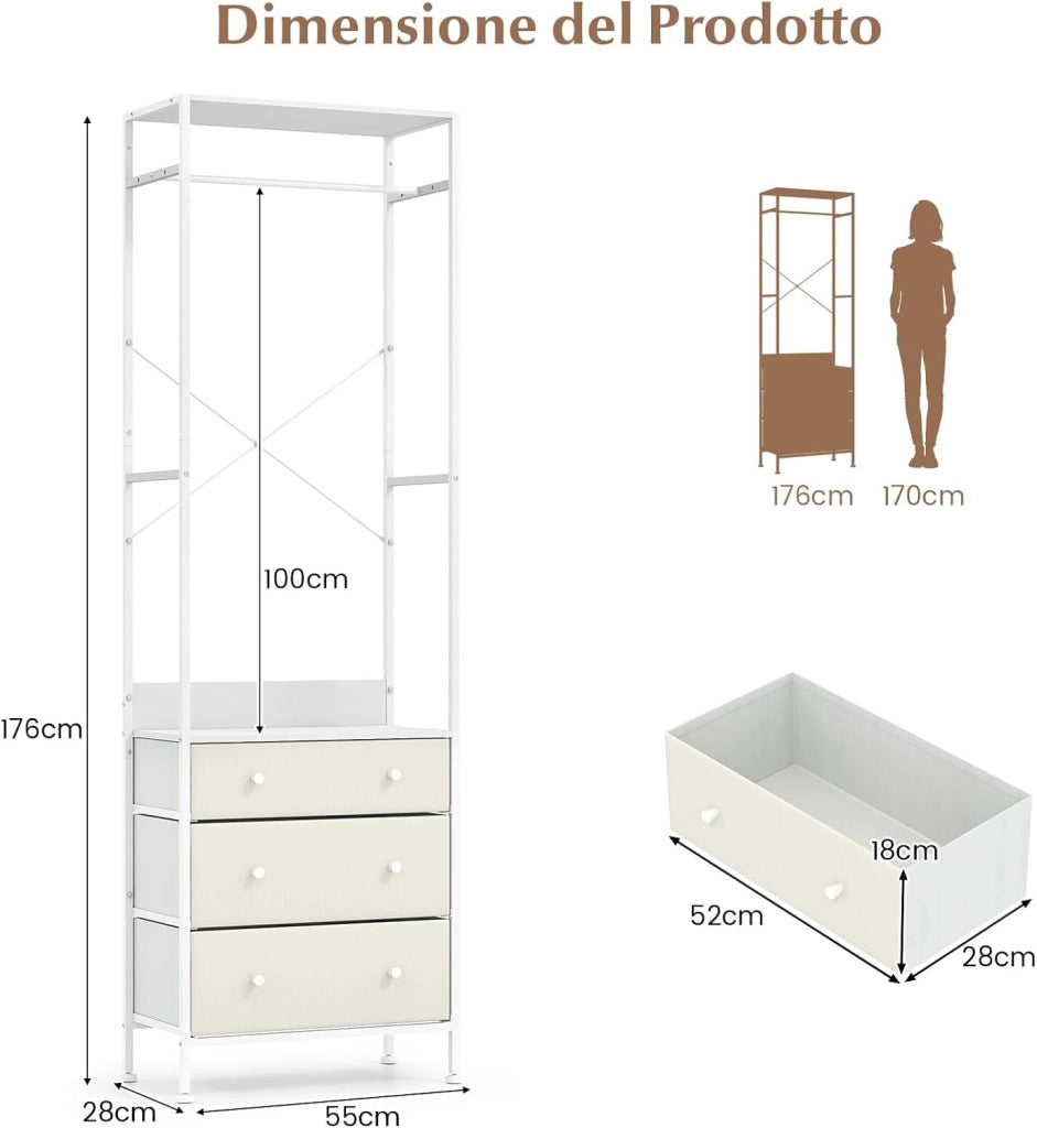 Appendiabiti con Cassetti in Tessuto, Armadio Autoportante con Asta Appendiabiti a 3 Posizioni e Ripiani di Stoccaggio, Ideale per Ingresso Camera da Letto, 55x28x176 cm (Bianco)
