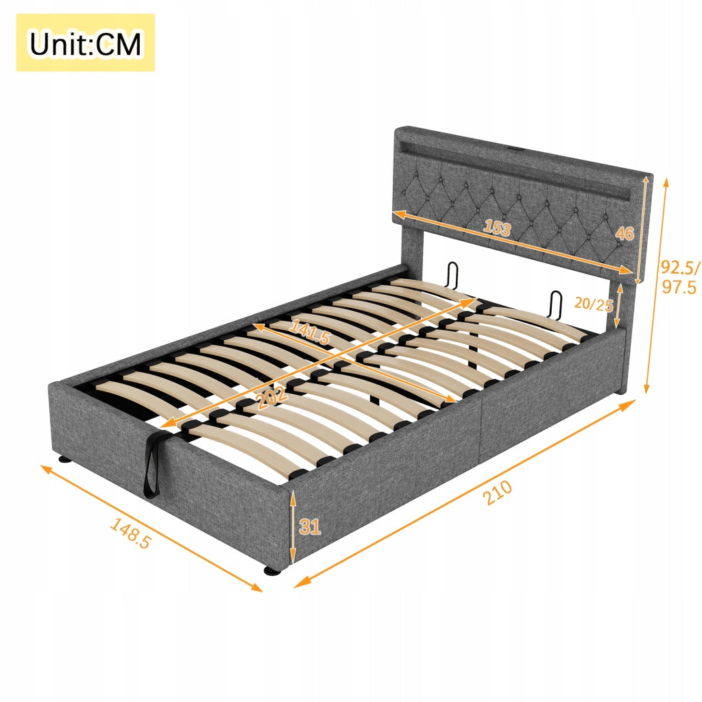 Letto 140x200 con LED e USB - Xylo - Idraulico, Grigio