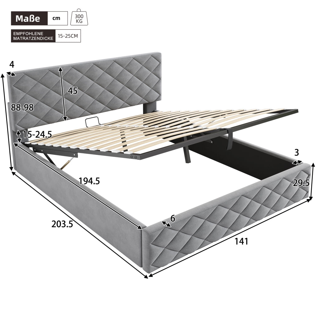 Letto Contenitore Imbottito con Rete a Doghe e Idraulico ¨C MINIMAL ¨C Grigio 140x200