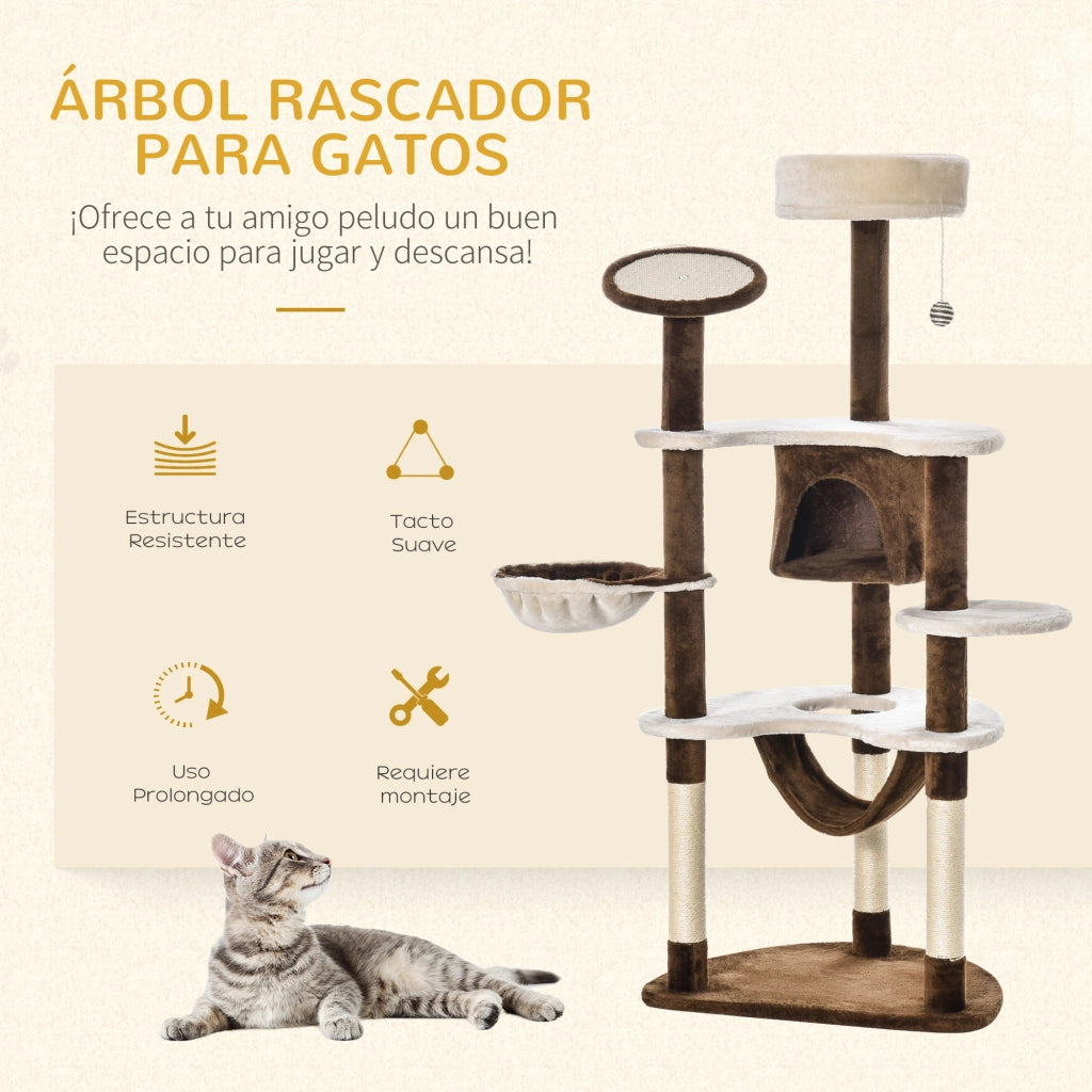 Torre per Gatti Grande con Piattaforme, Amaca e Cuscini ¨C Minimal ¨C Marrone 65x50x153 cm