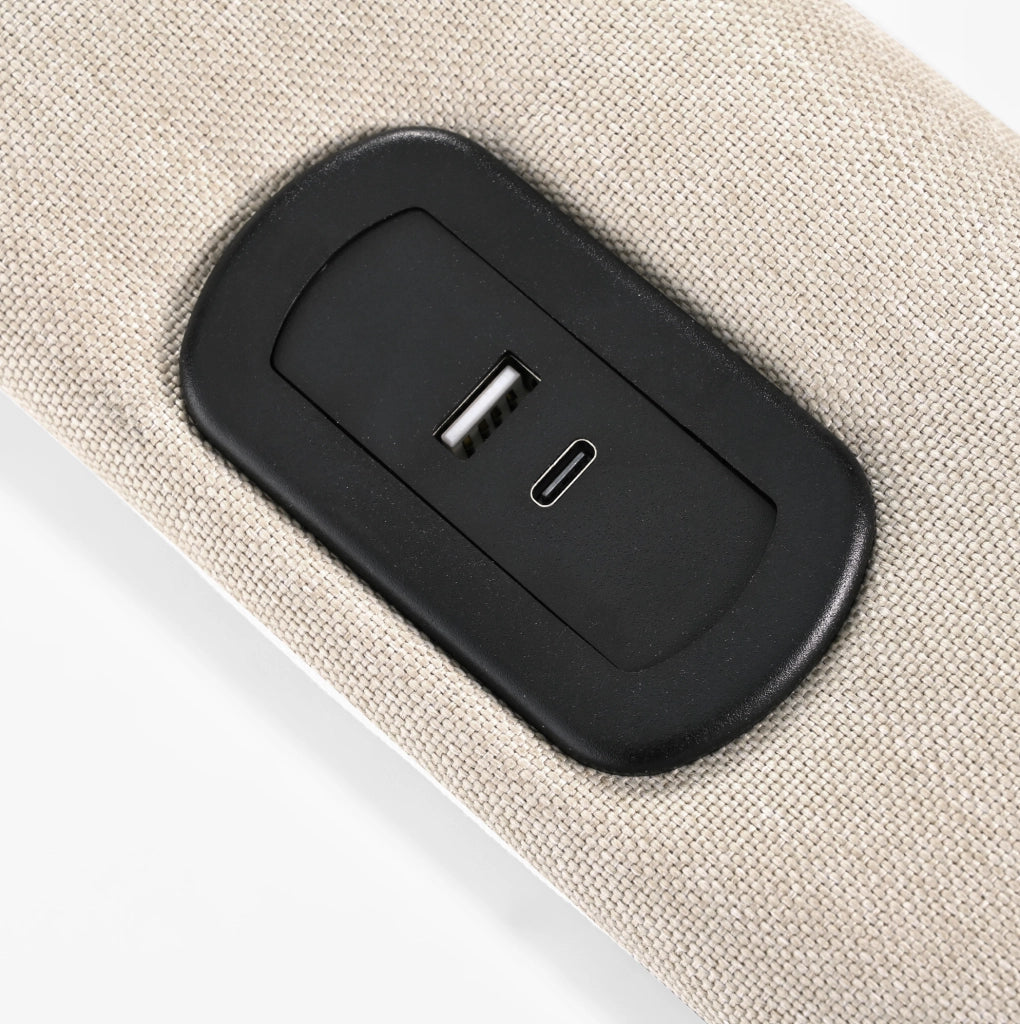 Bettgestell 140x200 cm in Leinen Beige con LED; USB e Type-C; testiera regolabile e contenitore