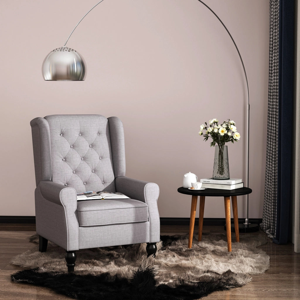 Poltrona con Braccioli e Orecchie ¨C Xylo ¨C Tessuto Grigio con Cuscino e Gambe in Legno