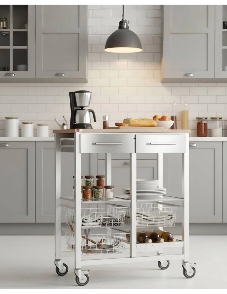 Carrello da cucina ONDA DOBLE – Carrello in metallo doppio con 3 cestelli, 2 cassetti, portabottiglie