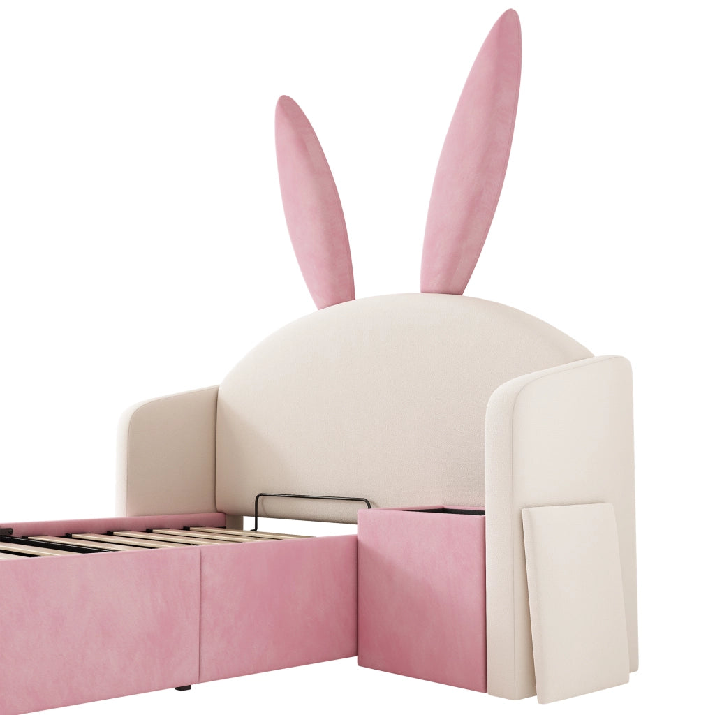 Letto Imbottito Singolo per Bambini con Contenitore e Comodino ¨C MINIMAL ¨C Velluto Beige Rosa 90x190