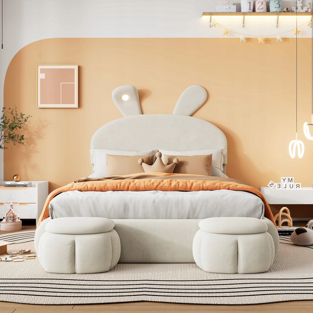 Letto matrimoniale 140x200 - Xylo - Orecchie coniglio LED velluto beige