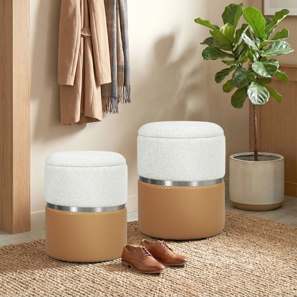 Set 2 Pouf Contenitore ¨C Xylo ¨C Rivestimento Chenilla e Similpelle Marrone e Crema