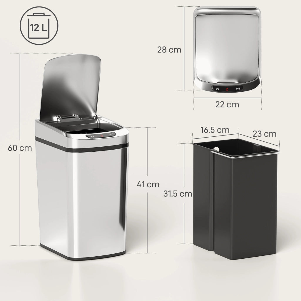 Pattumiera Cestino per Rifiuti 28x22x41 cm Contenitore Rimuovibile da 12L Apertura a Infrarossi in Acciaio Inox ABS e PP