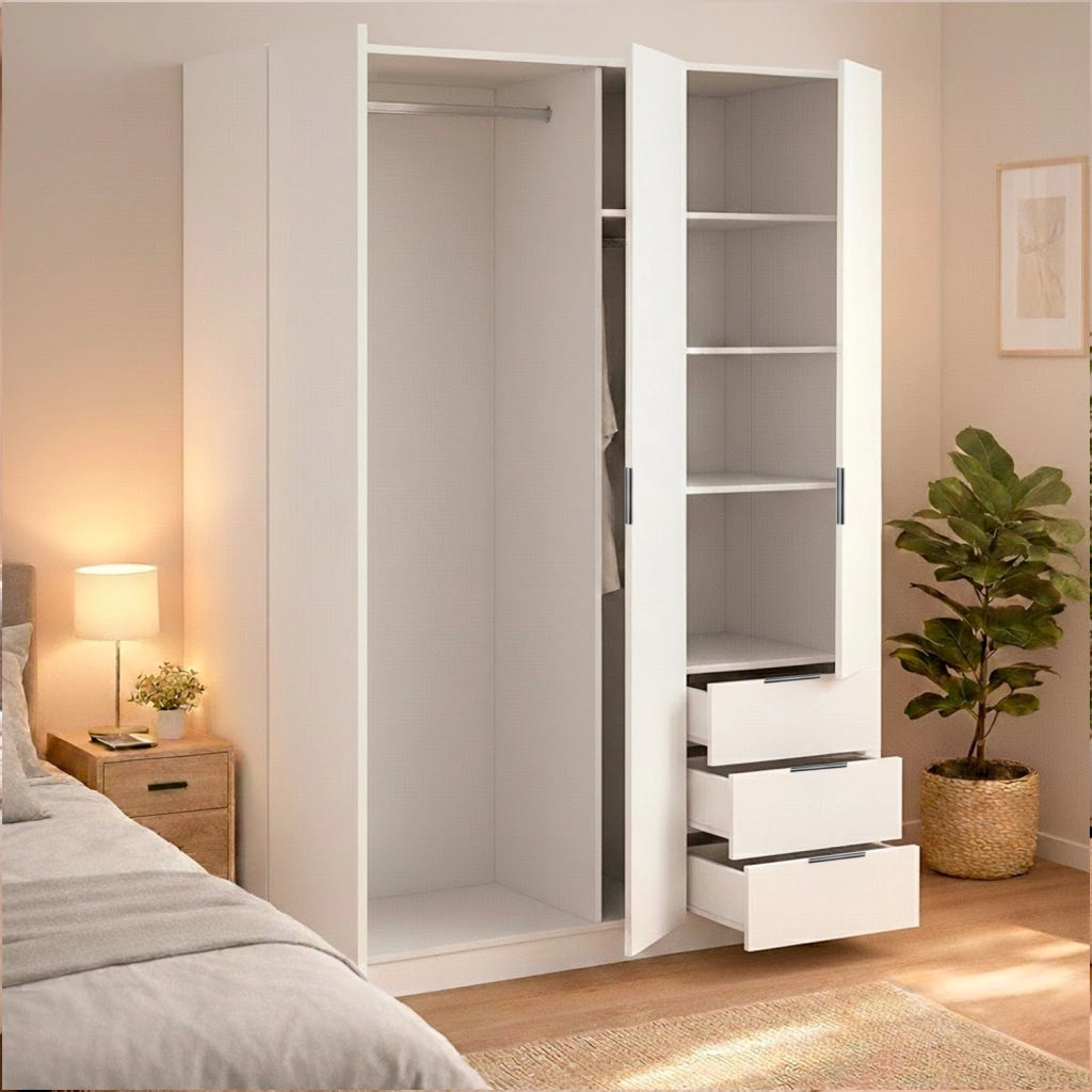 Armadio Guardaroba Con 3 Ante Battenti 4 Ripiani E 3 Cassetti Barra Appendiabiti Salvaspazio Per Stanza Matrimoniale Design Moderno 200 x 52 x 135 Cm Colore Bianco