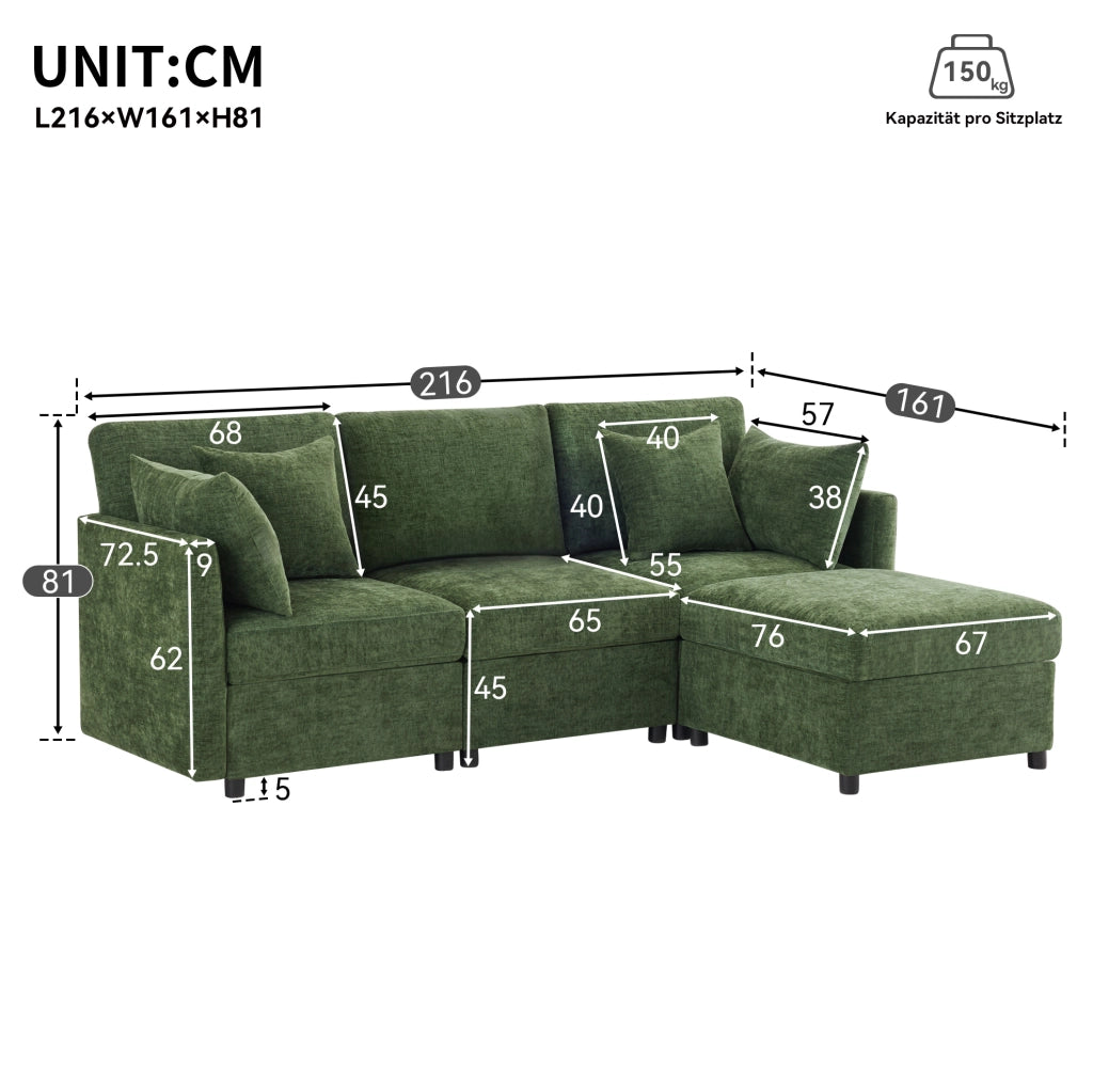 Divano modulare angolare a L 216x161x81 cm in chenille verde con 4 cuscini