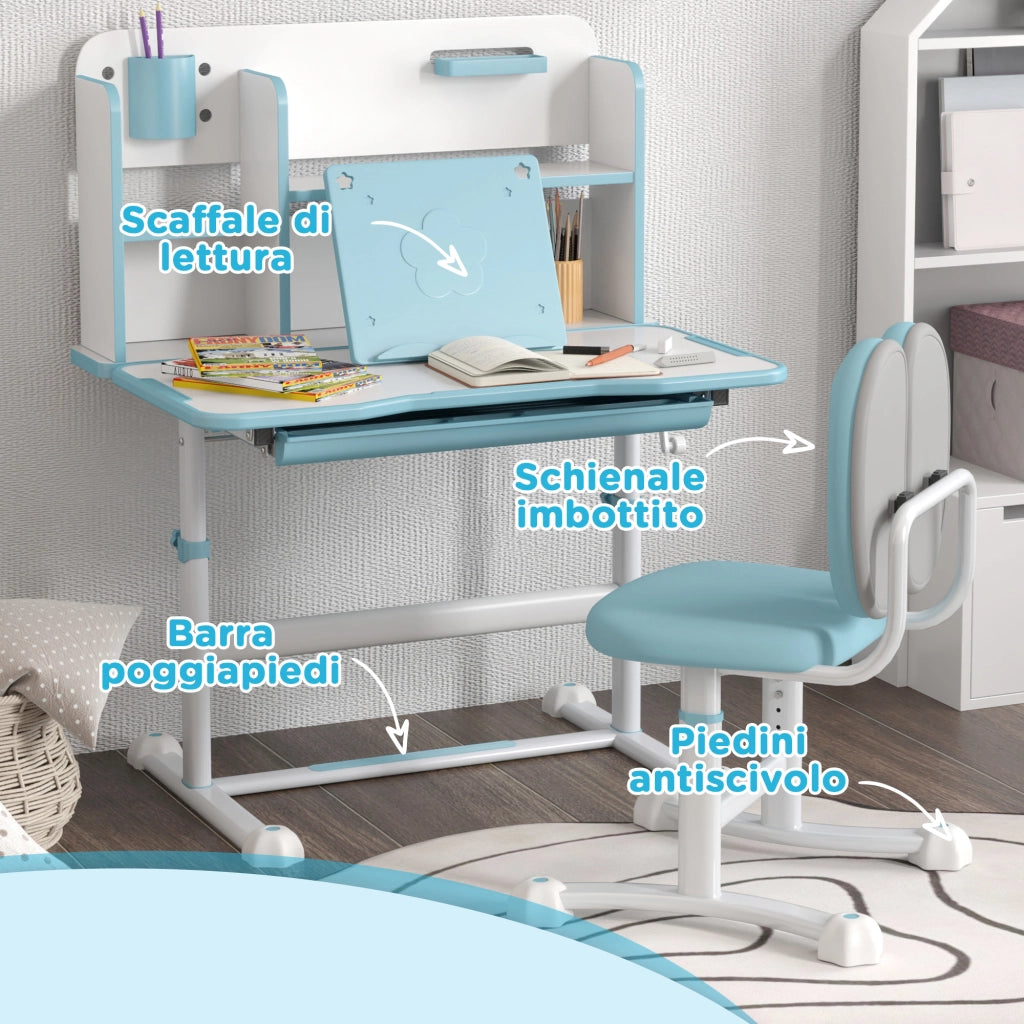 Scrivania per Bambini Regolabile con Sedia, Cassetto e Scaffale ¨C Minimal ¨C Blu