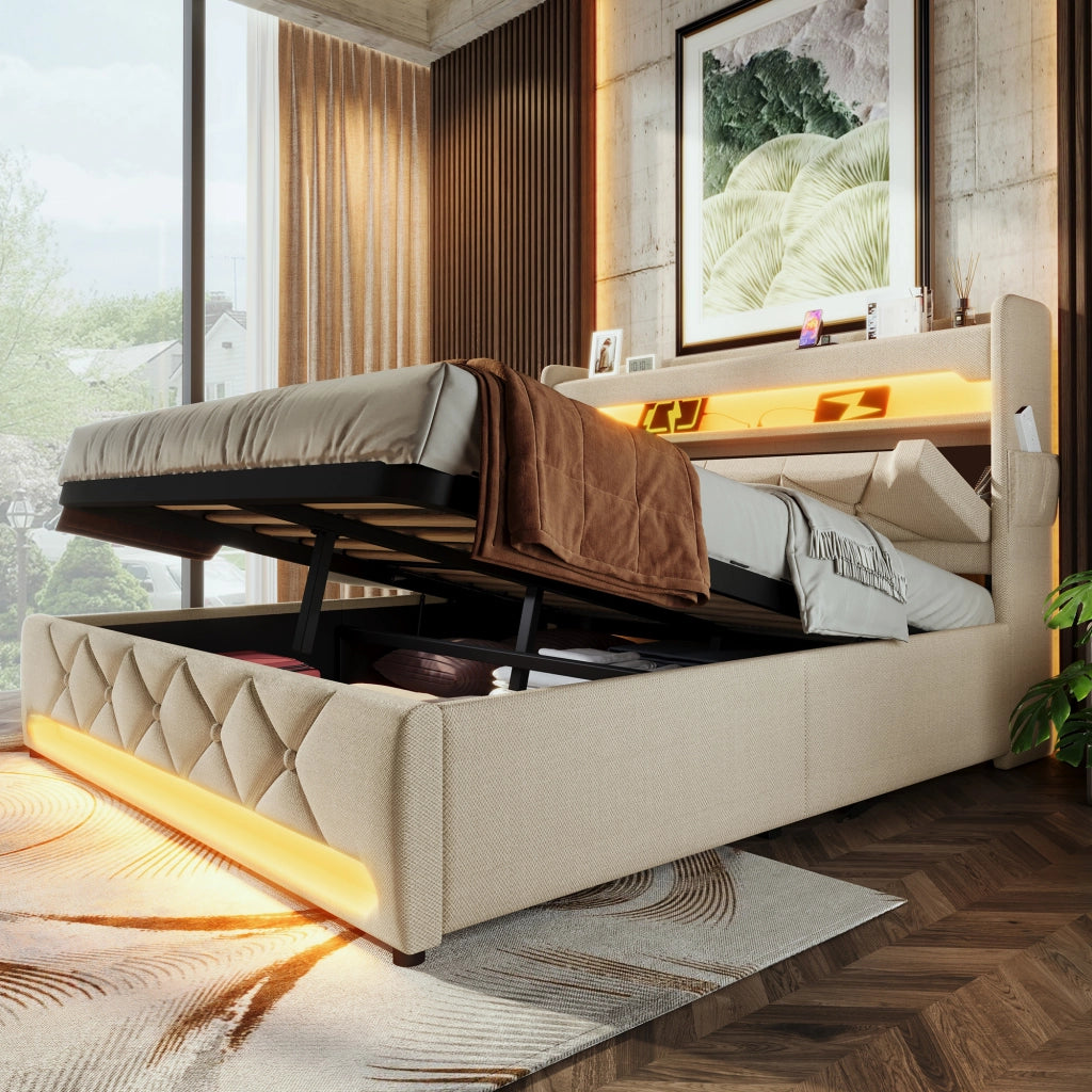 Letto Matrimoniale Imbottito con Contenitore Idraulico e LED ¨C MINIMAL ¨C Beige, 180x200