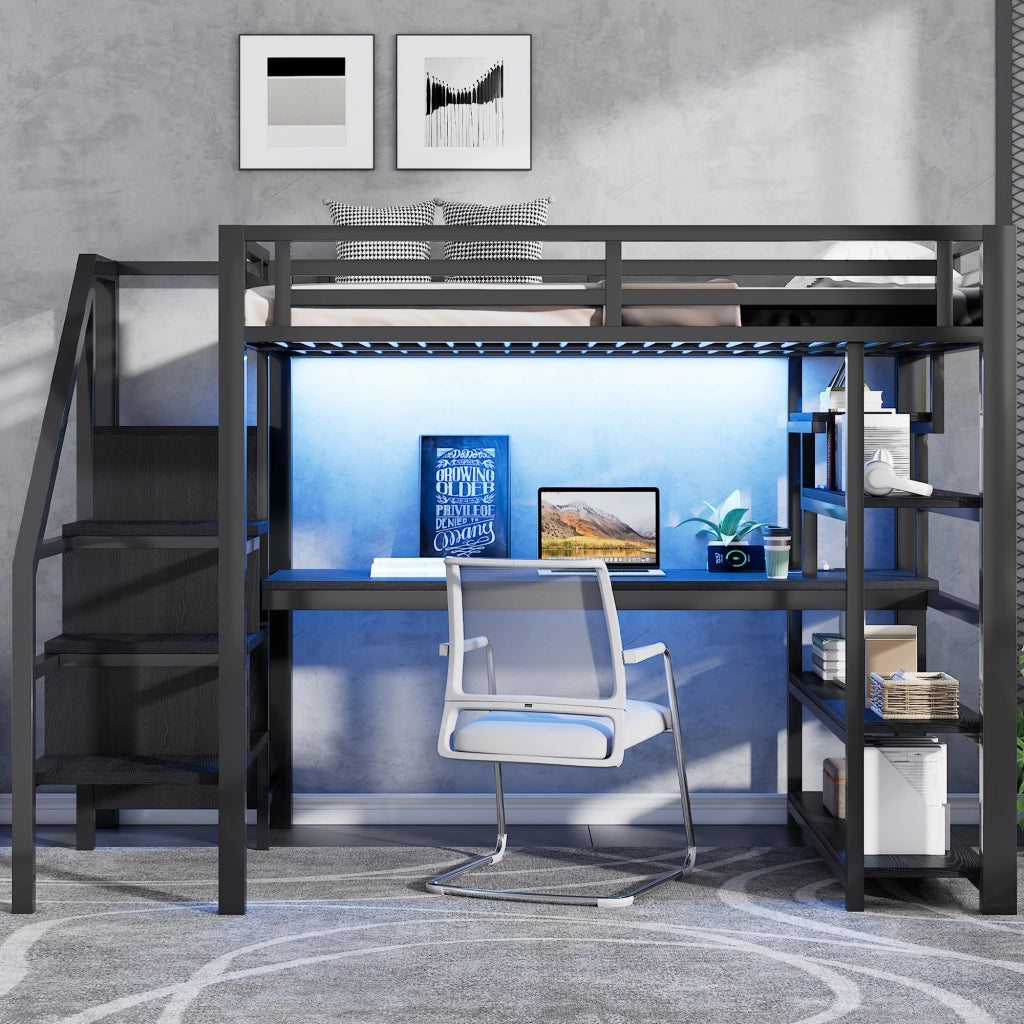 LETTO a soppalco 140x200 cm in metallo e MDF nero con scrivania, armadio e scala