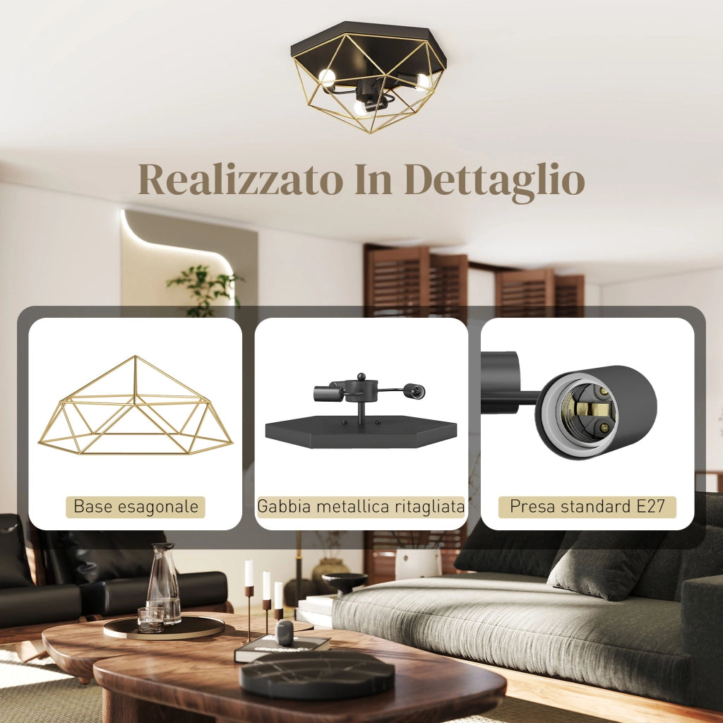 Lampada da Soffitto Industriale Geometrica a 3 Luci ¨C Minimal ¨C Nero e Oro