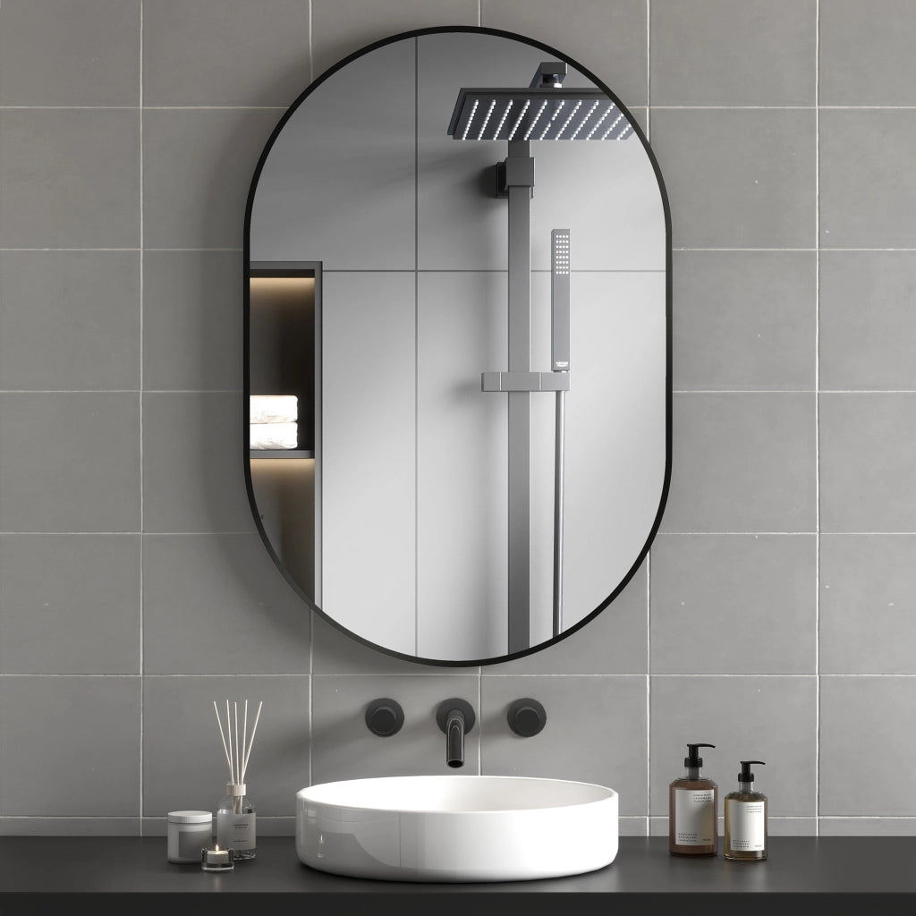 Specchio da Bagno Ovale con Cornice in Alluminio ¨C Zephmum ¨C Nero, 60x90cm