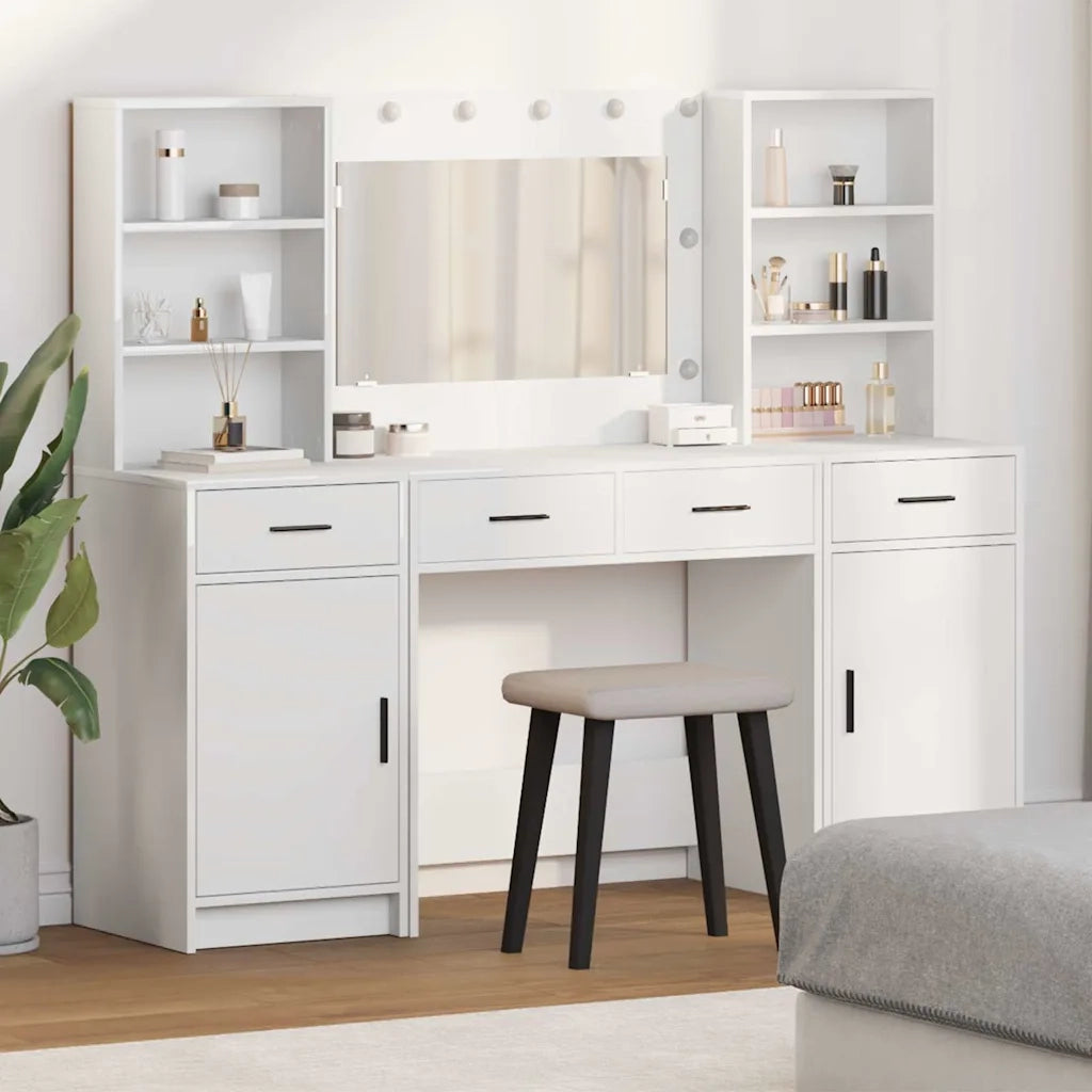 Set da Toeletta | Tavolo da Trucco con LED 3 pz Bianco Legno multistrato