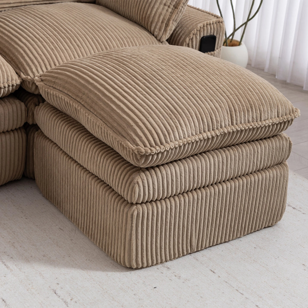 Divano modulare 3 posti in tessuto corduroy khaki con pouf, tasche laterali e cuscini