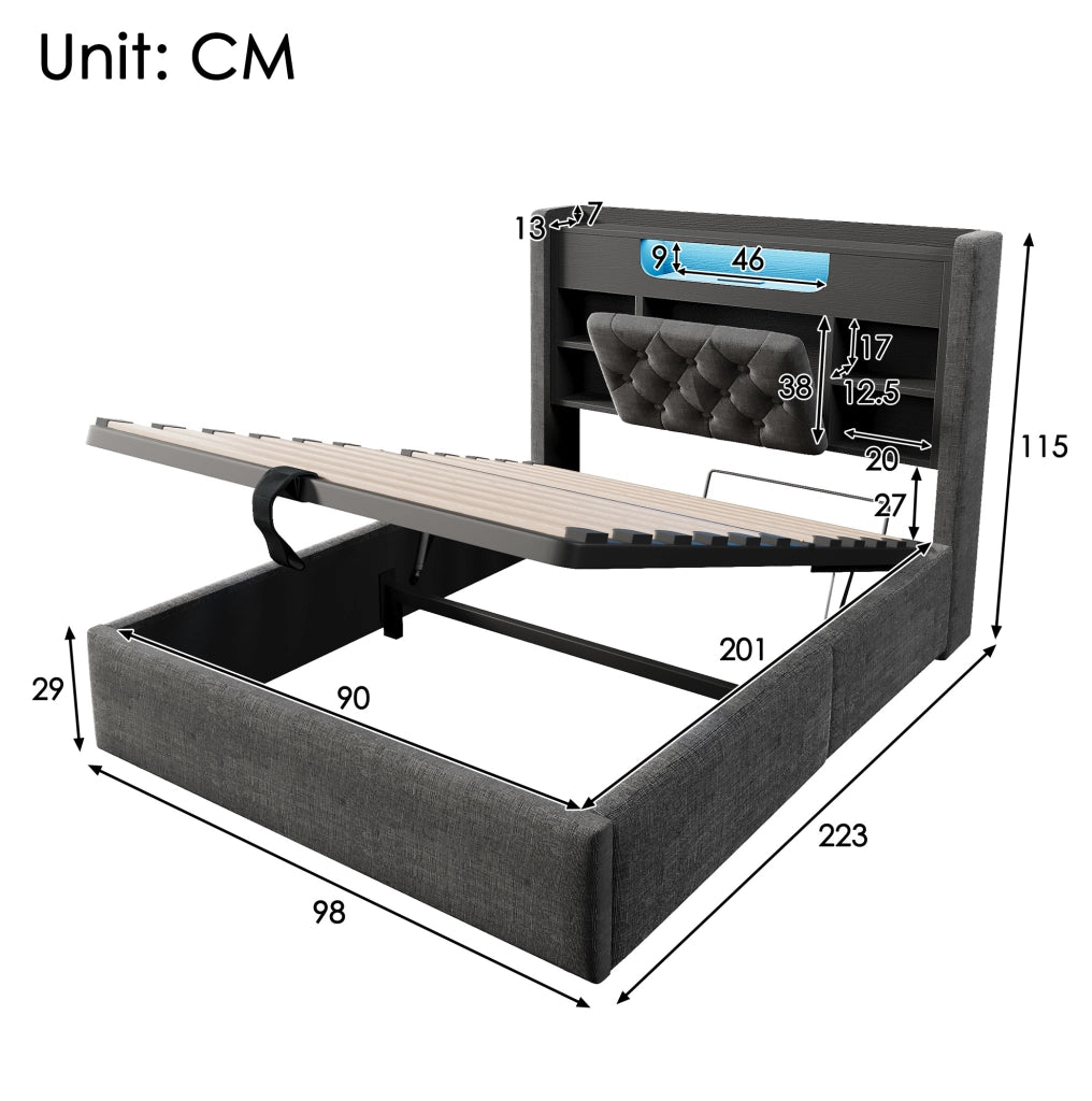 Letto singolo 90x200 cm con contenitore idraulico; LED e porte USB; in lino grigio
