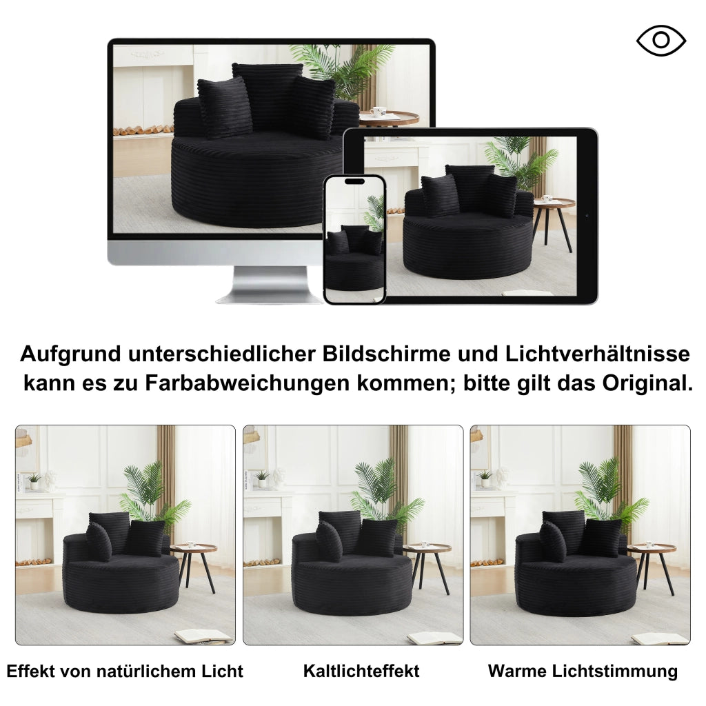 Fauteuil lounge rotondo con braccioli larghi e 3 cuscini, in velluto a coste e schiuma con molle nero 110 cm