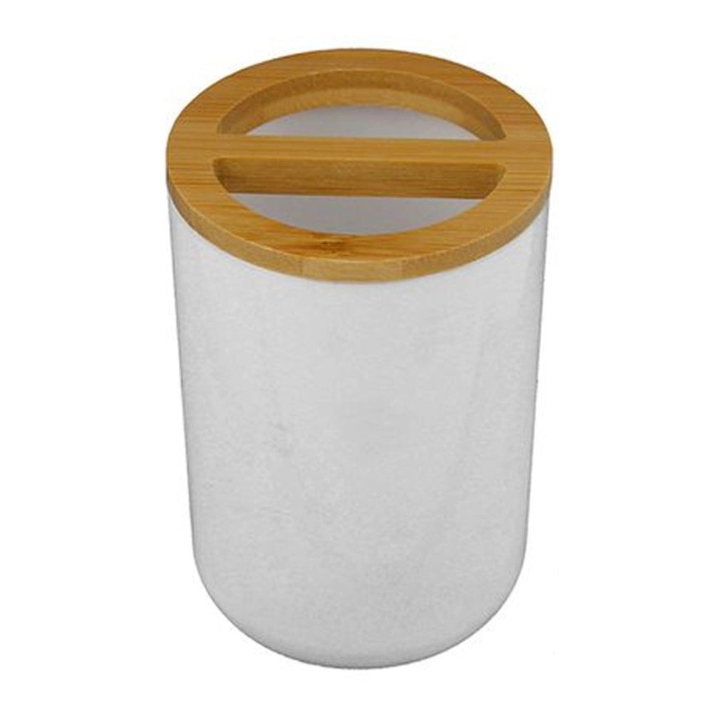 Trade Shop - Porta Spazzolini Bicchiere Accessori Bagno 2 Fori Bianco Legno Contenitore 69478 -