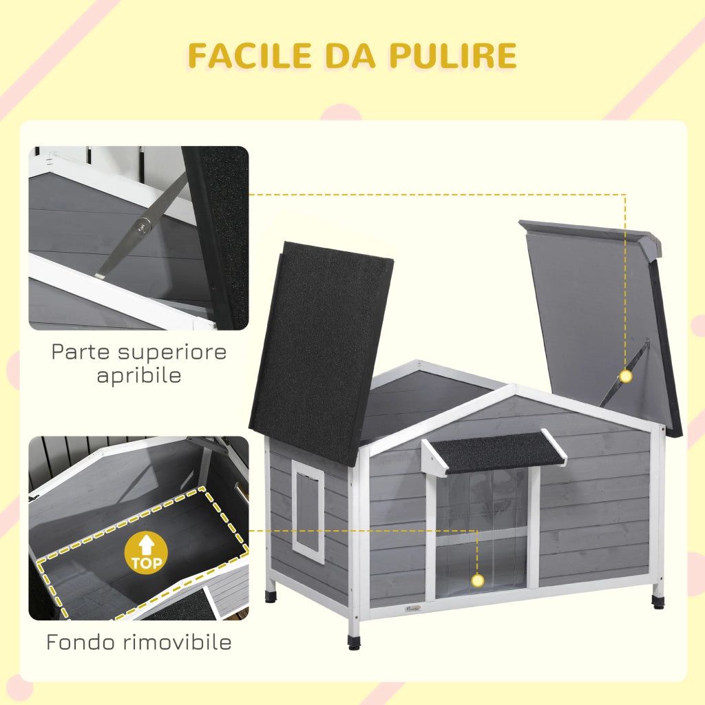 Cuccia per Cani in Legno Rialzata ¨C Xylo ¨C con Tenda e 2 Finestre, 109x79x72 cm