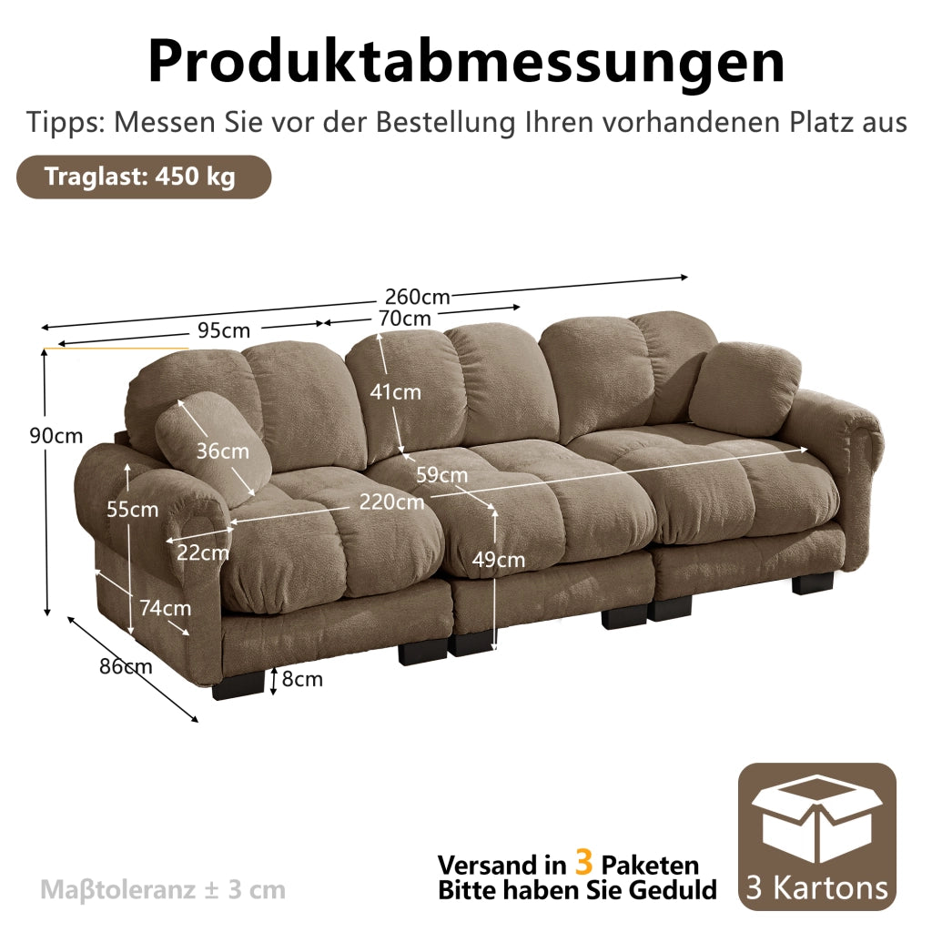 Divano modulare 3 posti con cuscini decorativi e cuciture trapuntate, in chenille marrone 260 × 86 × 90 cm