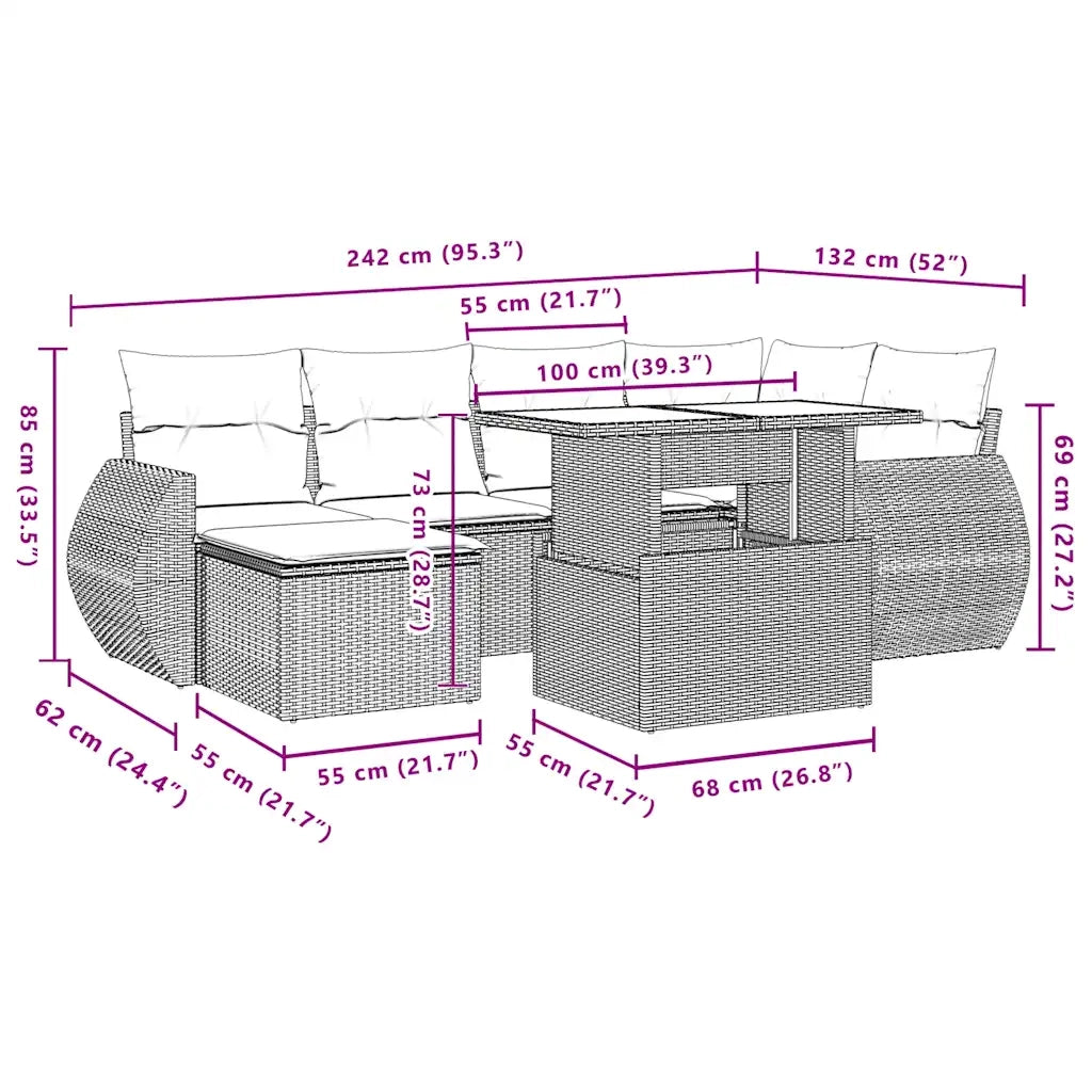 Set Divani da Giardino 7 pz con Cuscini Marrone in Polyrattan 3268683