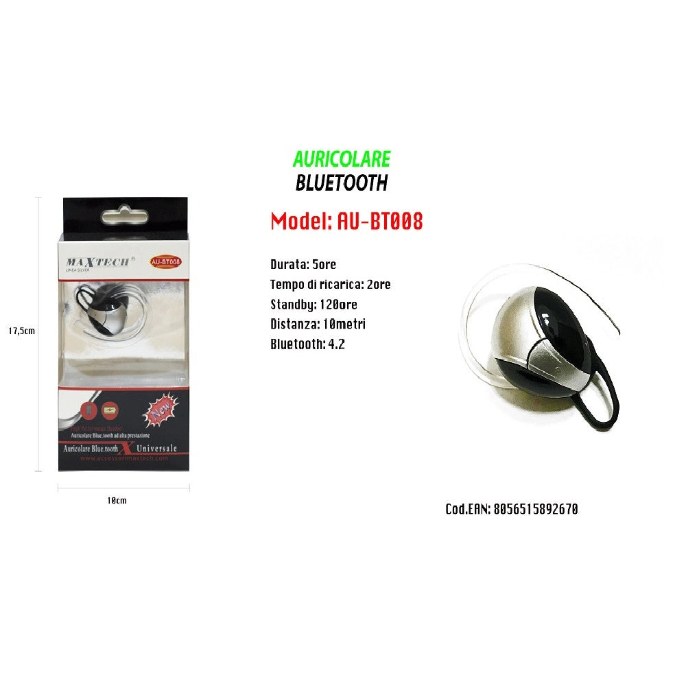 Trade Shop - Maxtech Auricolare Bluetooth 4.2 Au-bt008 Universale Cuffia Per Cellulare Smartphone -