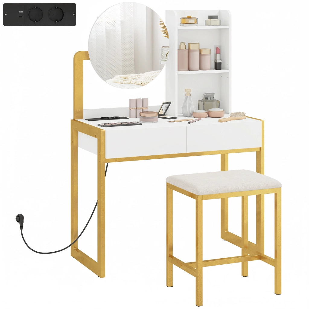 Cassettiera con Specchio e Sgabello ¨C Xylo ¨C Bianca con 2 Cassetti e 3 Ripiani