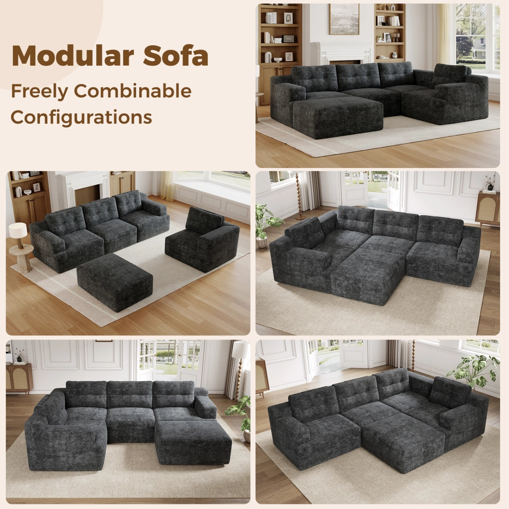 Divano panoramico a U modulare con schiuma integrale e pouf, per 5-6 posti, in chenille grigio 252 × 180 × 82 cm