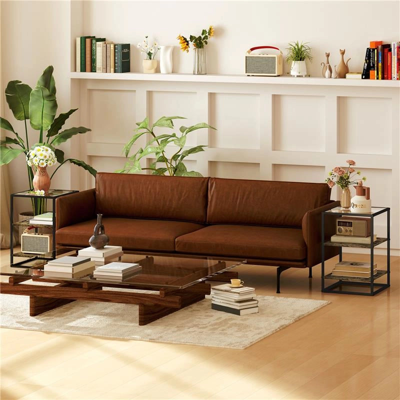 SET 2 TAVOLINI DA SOGGIORNO A 3 LIVELLI IN LEGNO E METALLO CON PIANO IN VETRO TEMPERATO 37X40X55.5 CM MARRONE