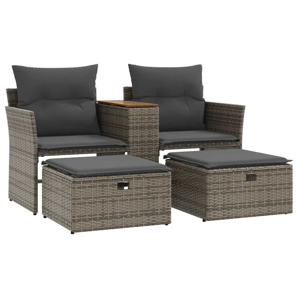 Divano da Giardino 2 Posti con Sgabelli Grigio in Polyrattan 365804