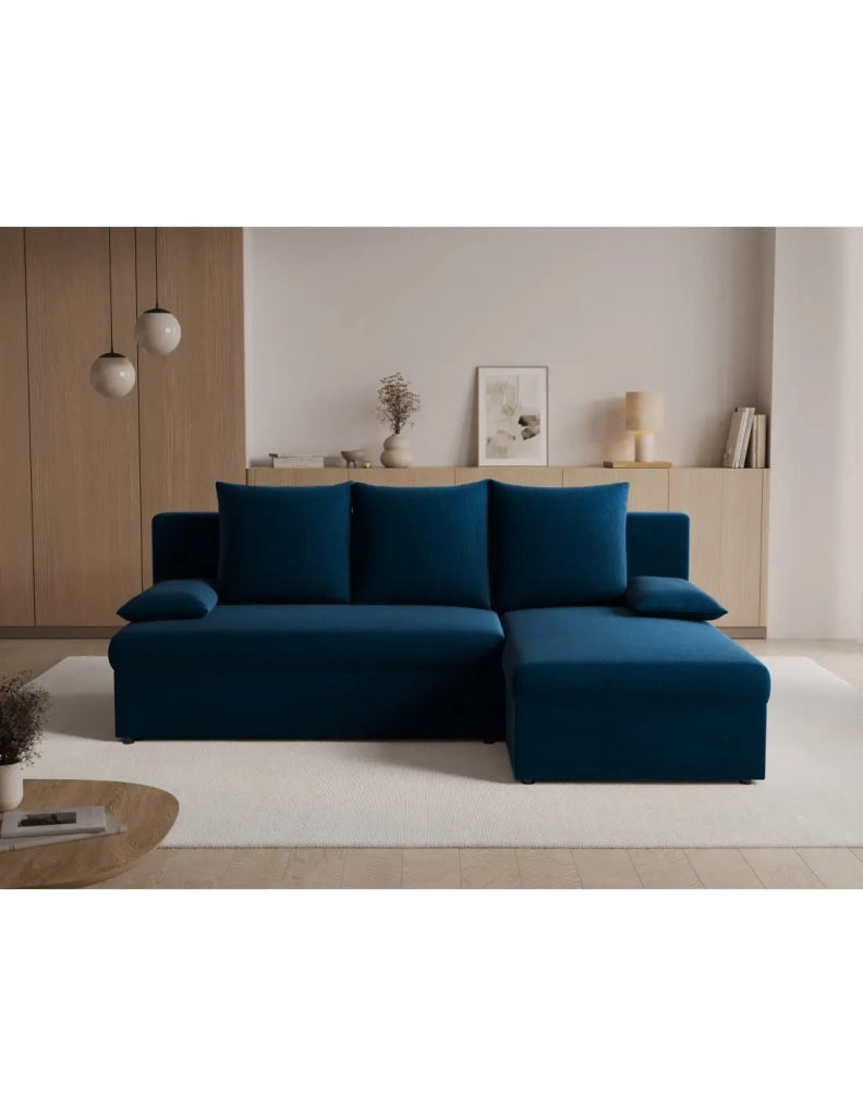 Divano ad angolo Blu notte 3 posti compatto con contenitore 206x90x146cm GINA