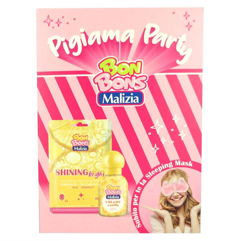 MALIZIA BONBONS CONFEZIONE REGALO  EAU DE TOILETTE CREAMY VANILLA 50ML, MASCHERA VISO SHINING BRIGHT 25ML + SLEEPING MASK PINK