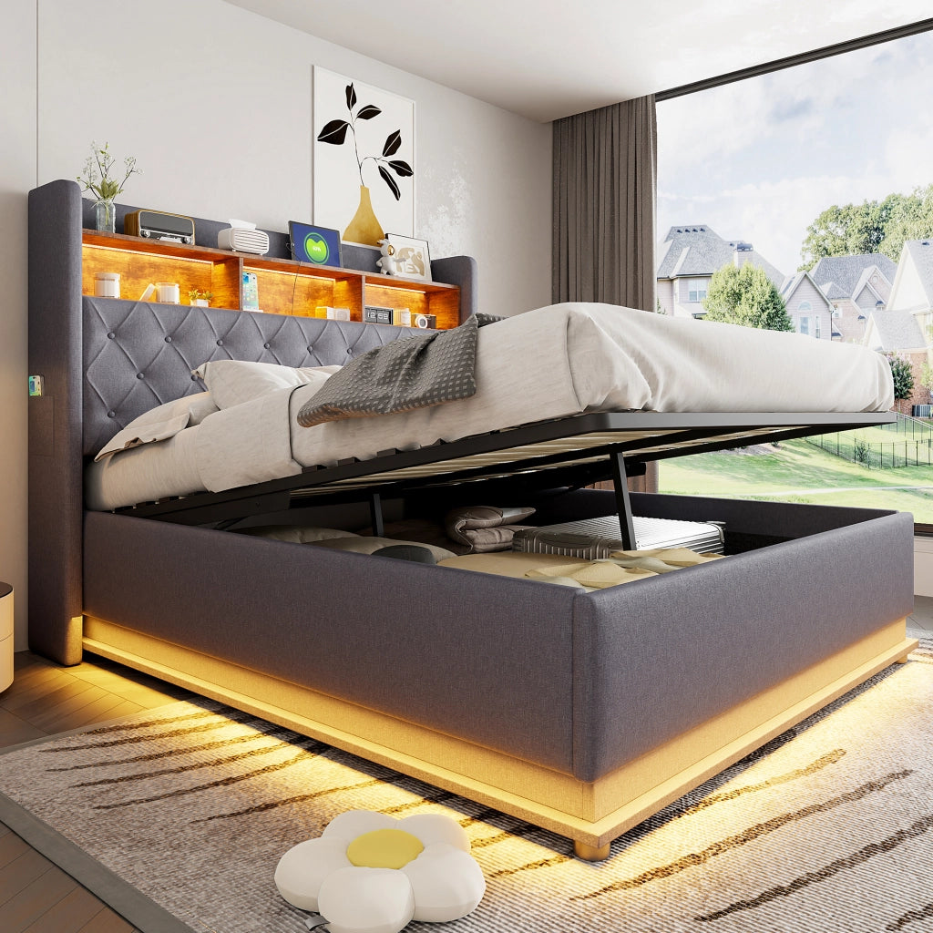 LETTO imbottito LED 160 x 200 cm grigio con USB e contenitore idraulico